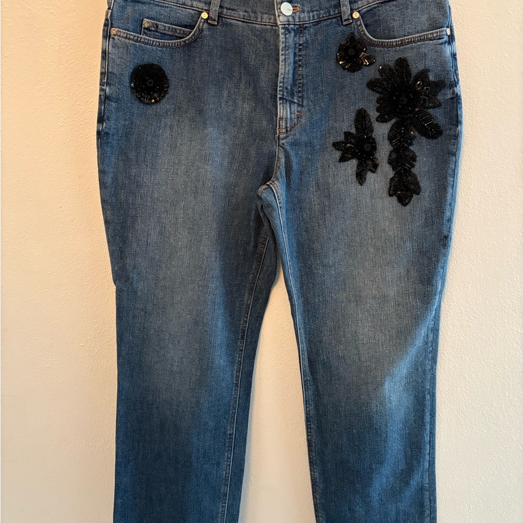 Escada Blue Jeans With Black Floral Accents